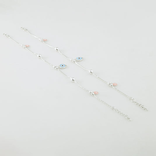 925 Silver Enamel Evil Eye & Pink Flower Anklet
