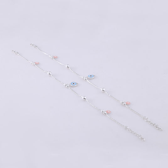 925 Silver Enamel Evil Eye & Pink Flower Anklet